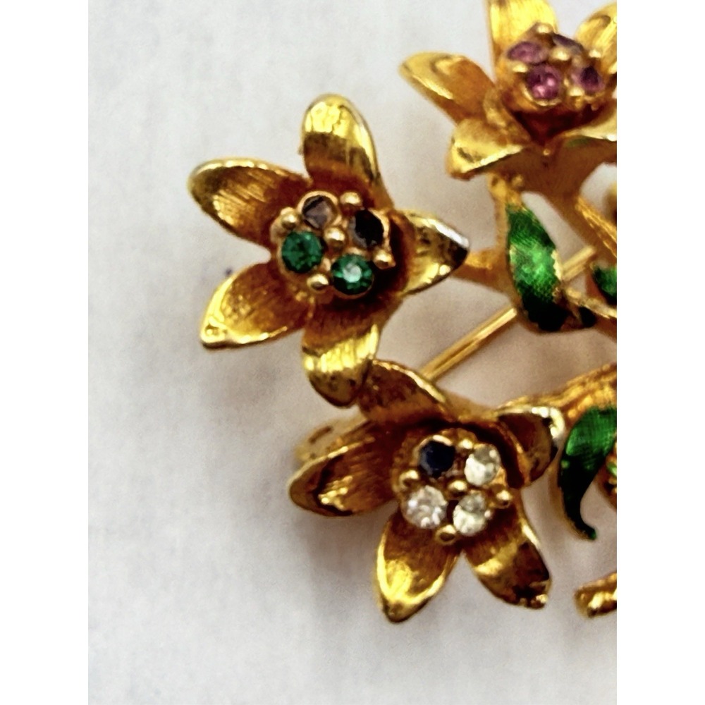 Vintage Corel Flower Bouquet Brooch Gold Tone Rhinestone Enamel READ - Picture 2 of 4